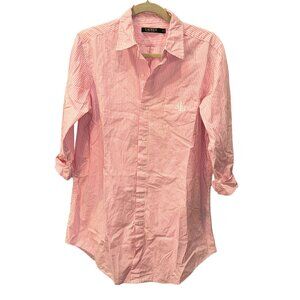 Ralph Lauren pink white engineer stripe oxford cloth long shirt top dress M